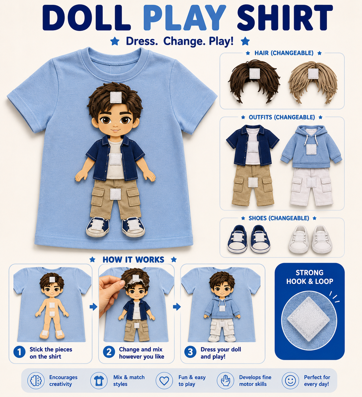 Child wearing the Bibo Play Tee with Doll Play Shirt — Boy pieces attached