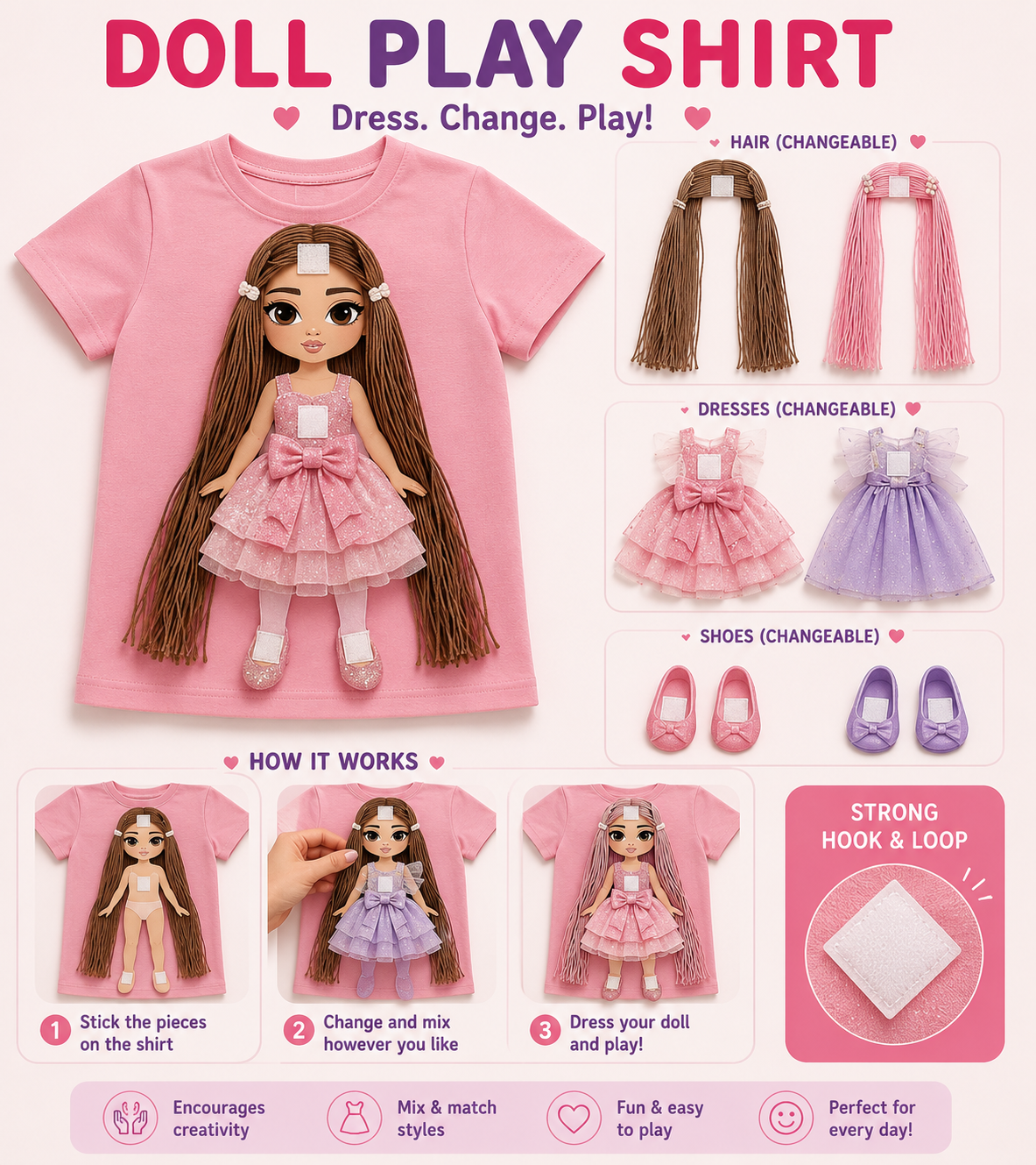 Child wearing the Bibo Play Tee with Doll Play Shirt — Girl pieces attached