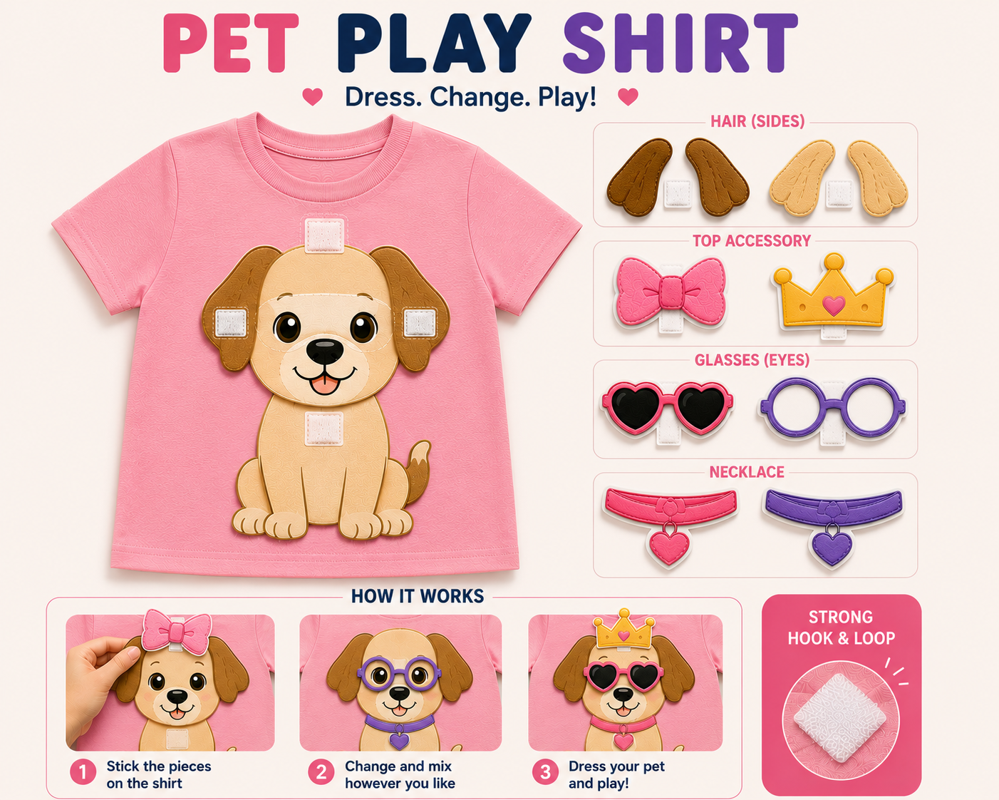 Child wearing the Bibo Play Tee with Pet Play Shirt pieces attached
